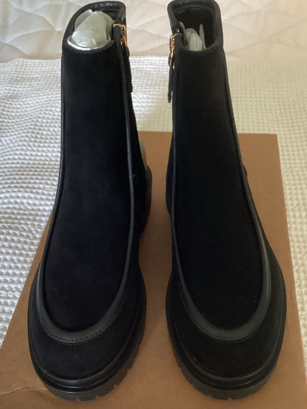 Ralph Lauren Black Suede Ankle Boots with Gold Zipper